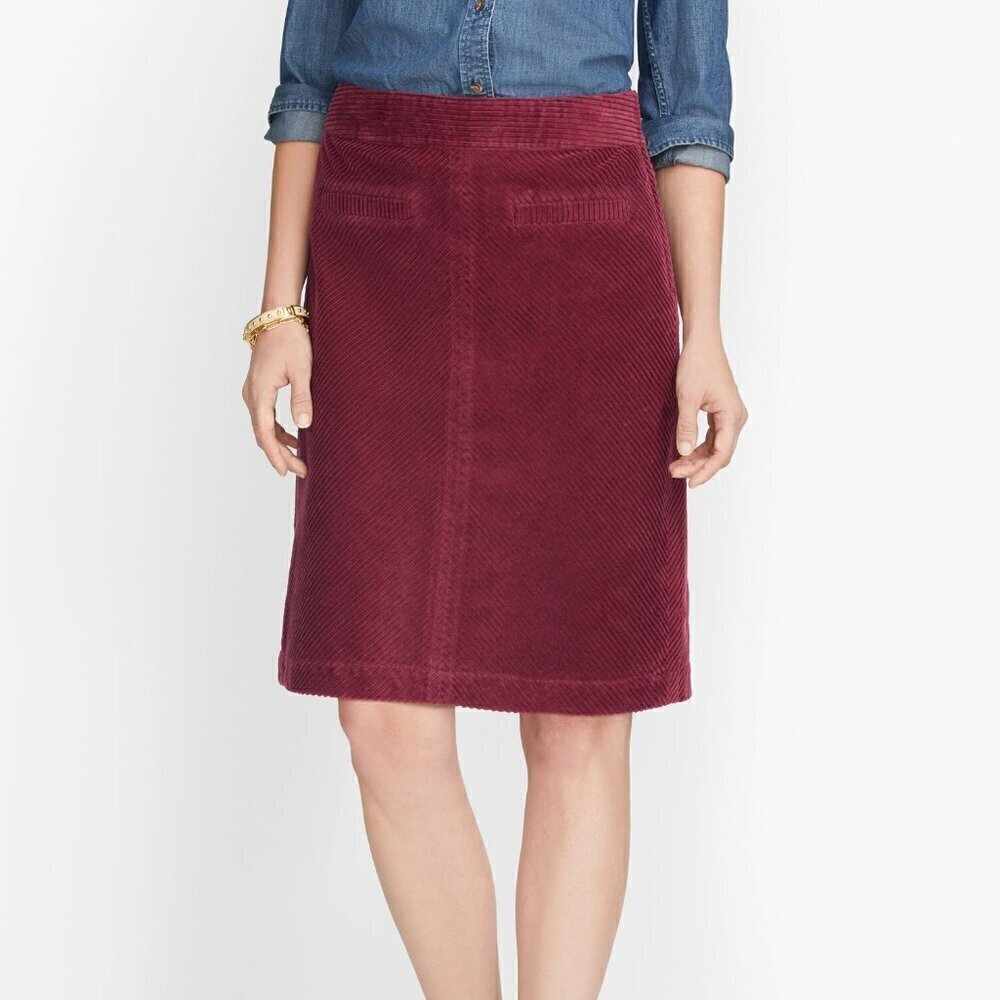 Talbots Wide Wale Burgundy Corduroy A-Line Straight Mod Retro Skirt Sz 14 Petite